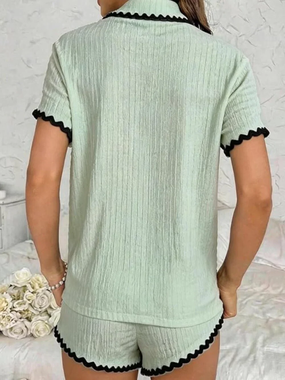 Textured Sage Green Ric-Rac Trim Short Pajama Set Medium
